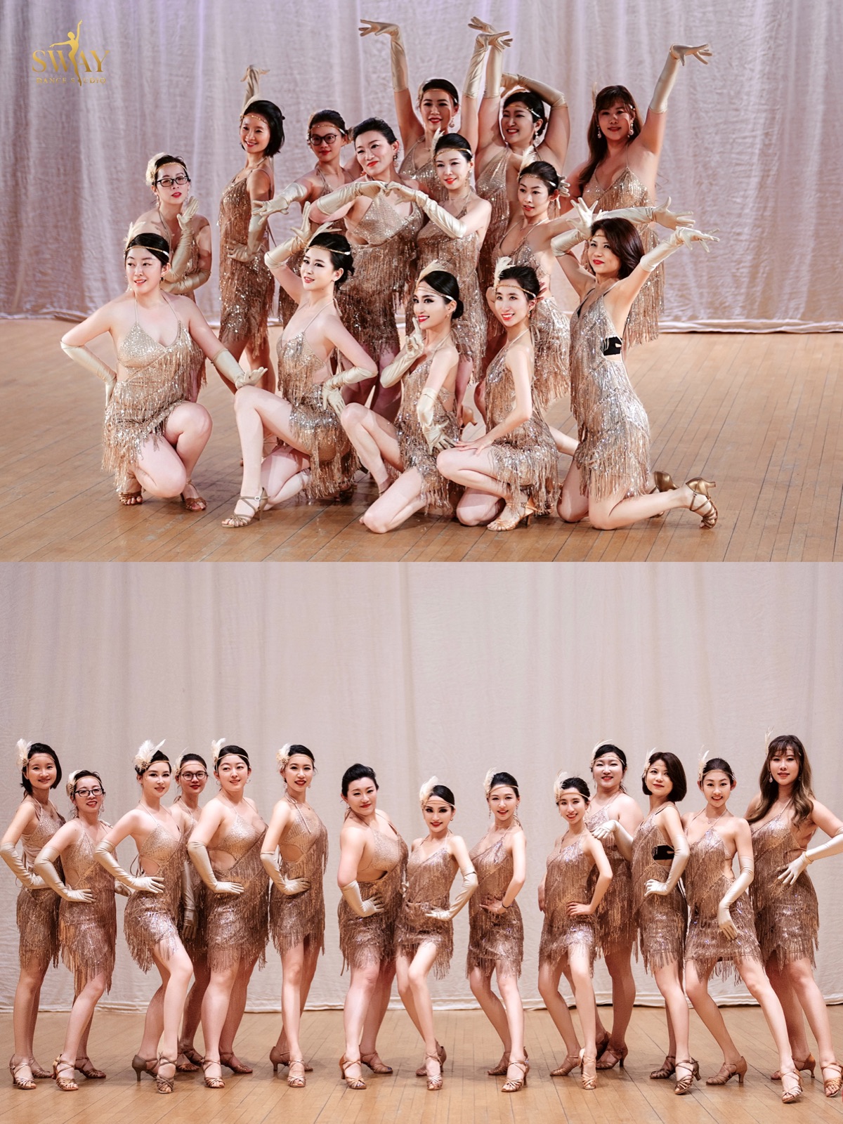 Sway Dance students posing together on a staircase in matching costumes